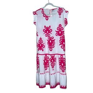 AZsize S/M midi dress white/fuchsia peplum cap sleeves belt feminine, kawaii